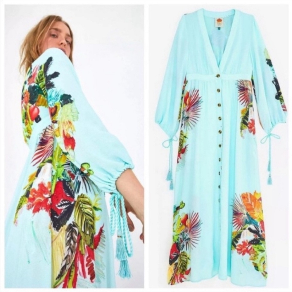 FARM Rio Blue Maxi Dress with Bishop Sleeves and V-Neck